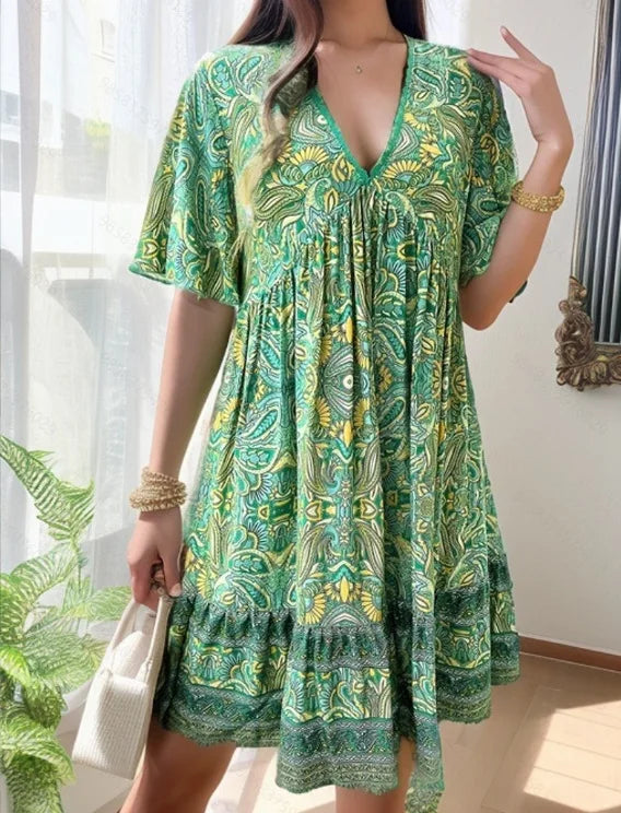 Boho Floral Mini V-neck Short Sleeve Beach Floral Dress