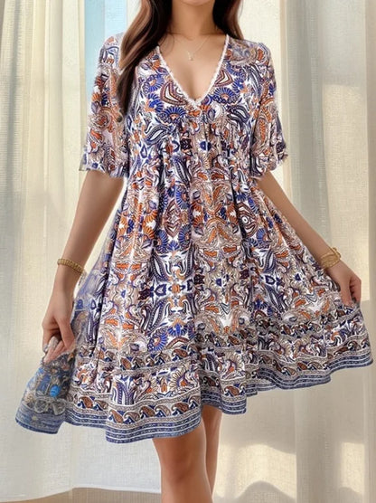 Boho Floral Mini V-neck Short Sleeve Beach Floral Dress