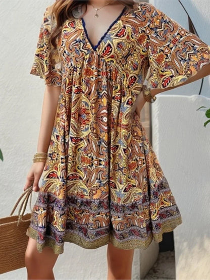 Boho Floral Mini V-neck Short Sleeve Beach Floral Dress