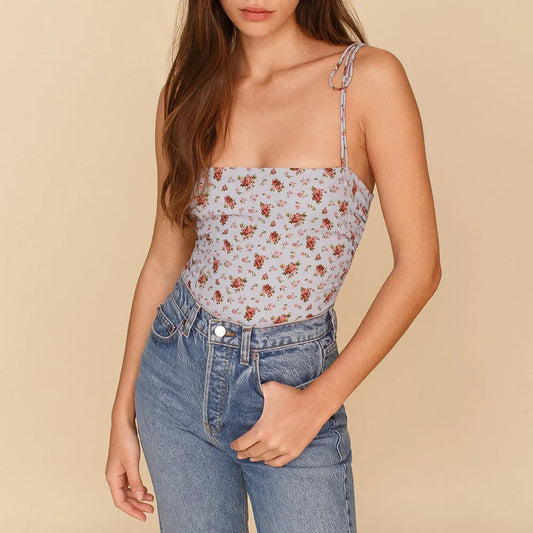 Vintage Floral Smocked Tie Strap Slim Fitted Crop Cami Top