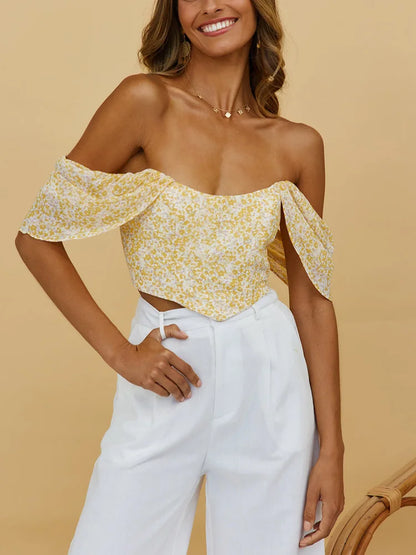Floral Scooped Neck Off-Shoulder Zipper Back Fitted Crop Top
