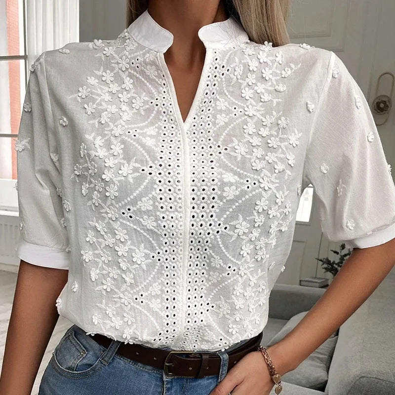 Floral Embroidery Hollow Out V Neck Blouse