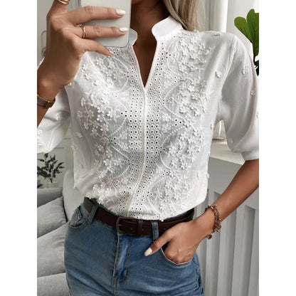 Floral Embroidery Hollow Out V Neck Blouse
