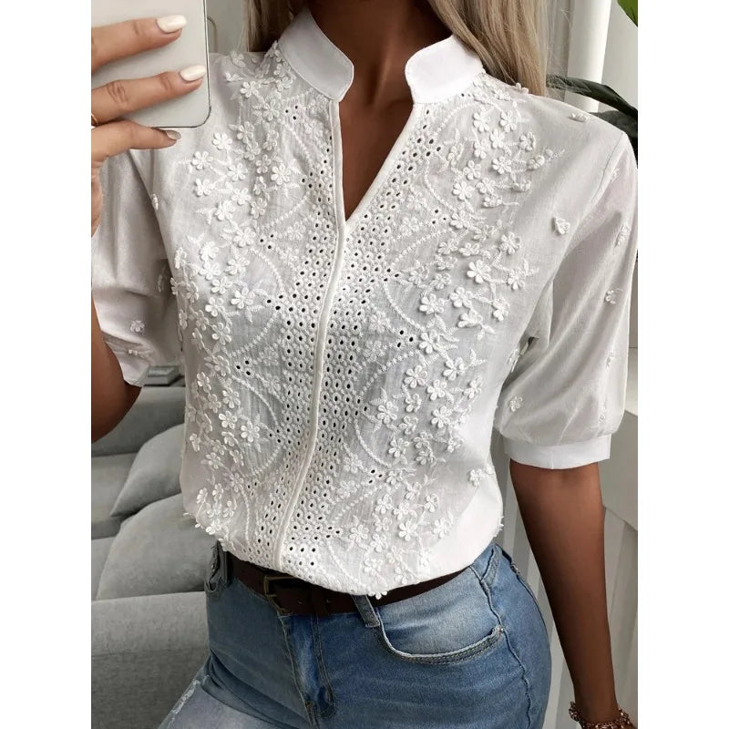 Floral Embroidery Hollow Out V Neck Blouse