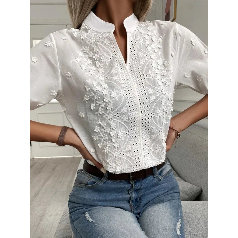 Floral Embroidery Hollow Out V Neck Blouse