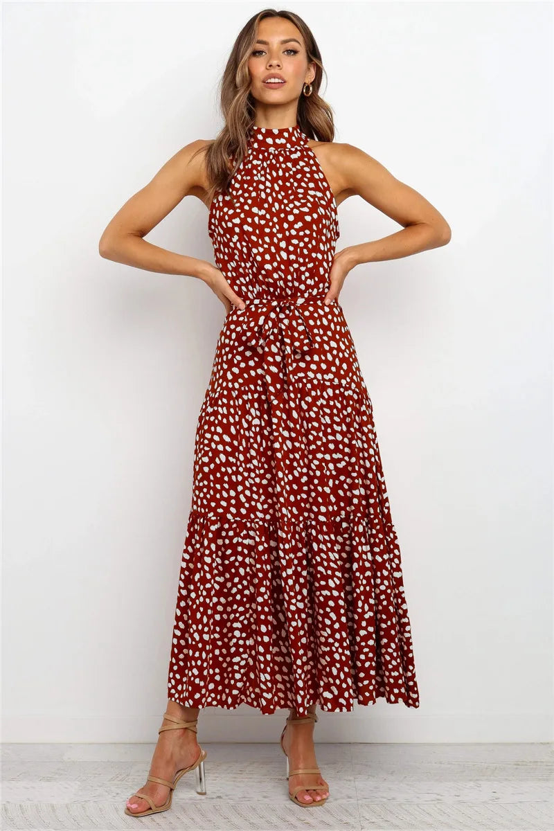 Summer Floral Print Halter Neck Beach Floral Dress