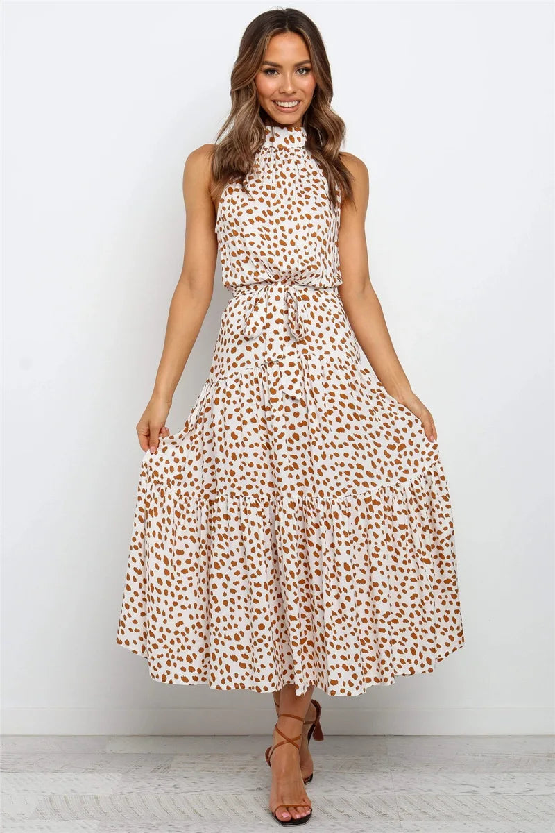 Summer Floral Print Halter Neck Beach Floral Dress