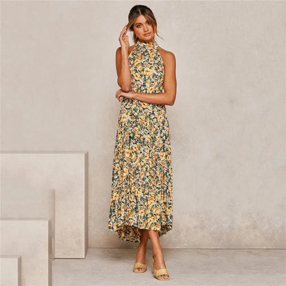 Summer Floral Print Halter Neck Beach Floral Dress
