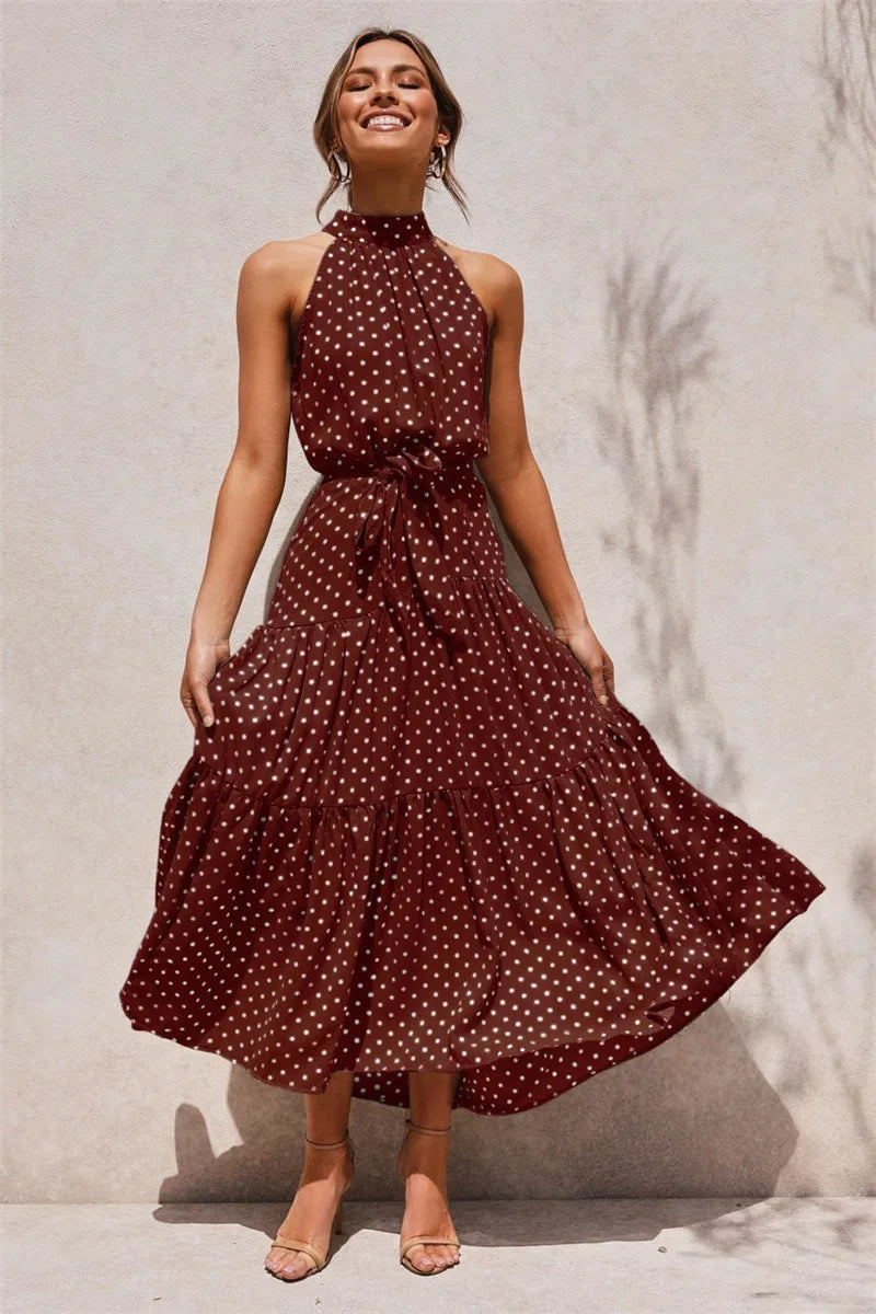 Summer Floral Print Halter Neck Beach Floral Dress
