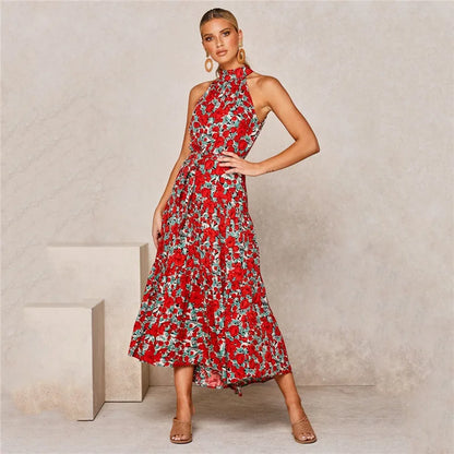 Summer Floral Print Halter Neck Beach Floral Dress