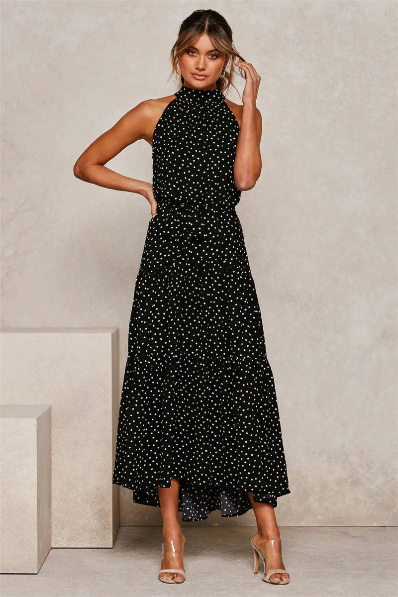 Summer Floral Print Halter Neck Beach Floral Dress