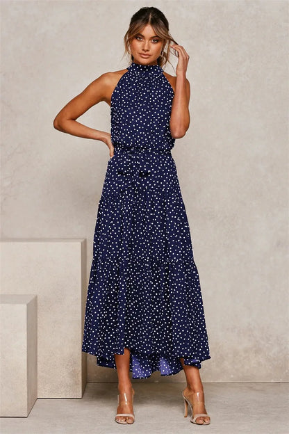 Summer Floral Print Halter Neck Beach Floral Dress