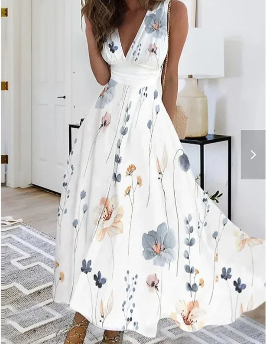 Summer Flower Print Sexy V-neck A-line Floral Dress