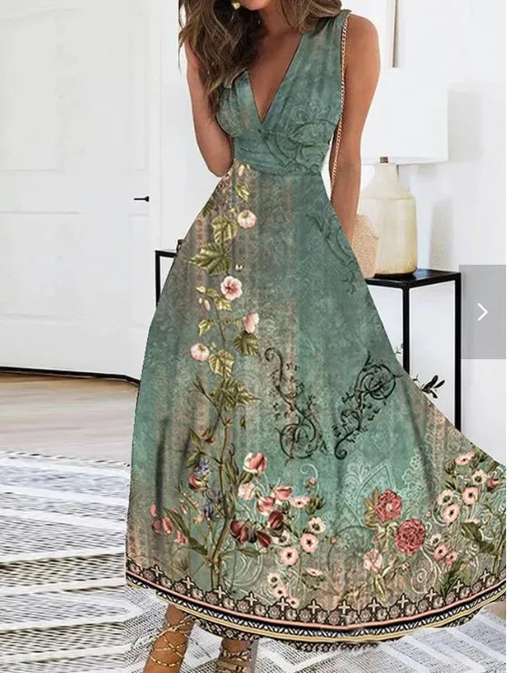 Summer Flower Print Sexy V-neck A-line Floral Dress