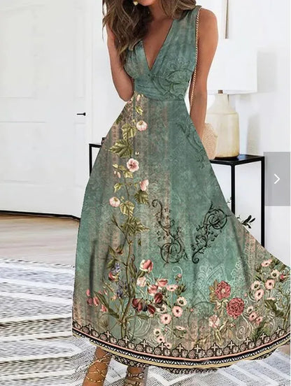 Summer Flower Print Sexy V-neck A-line Floral Dress