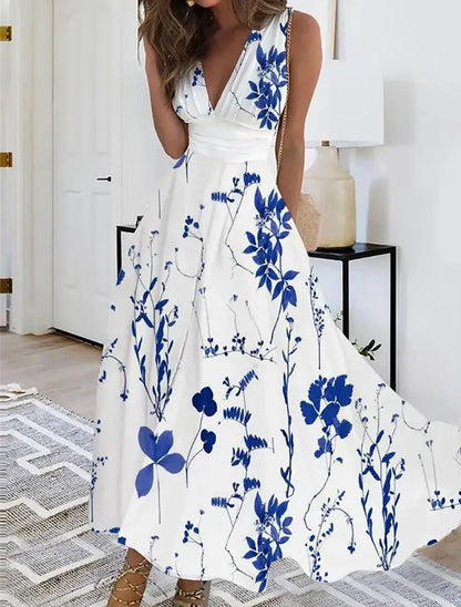 Summer Flower Print Sexy V-neck A-line Floral Dress