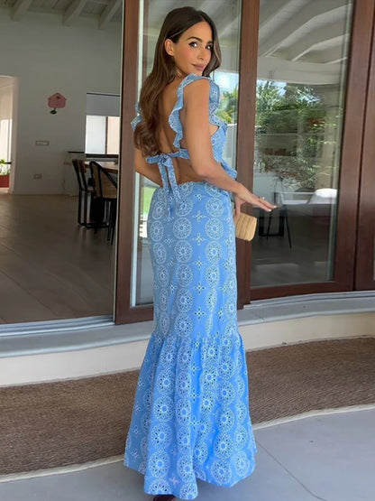 Hollow Out Embroidery Backless Ruffle Maxi Dress