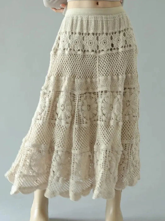 Crochet Flower Hollowed Out Elastic Waist Skirt
