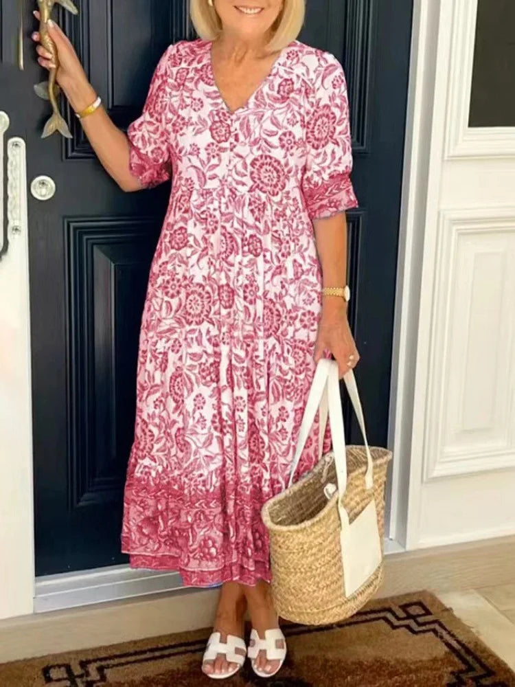 Tie-dye V-neck Floral Dress Plus Size Loose Summer Dress