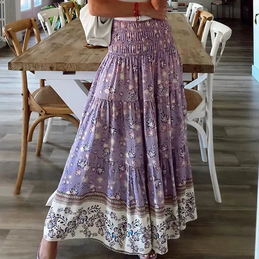 Summer New Women's Printing Skirt Elastic High Waist Pleated Boho