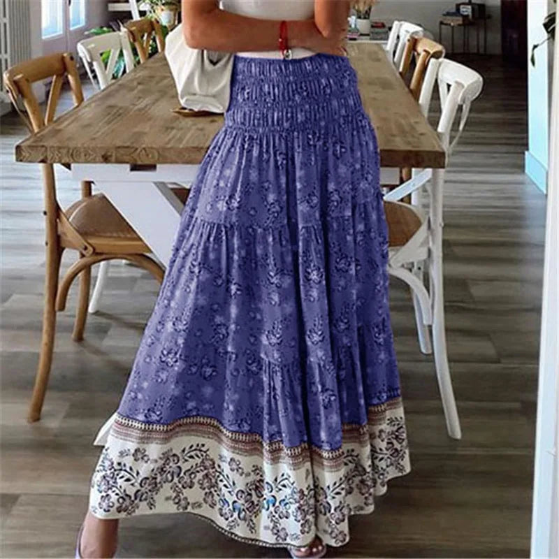 Summer New Women's Printing Skirt Elastic High Waist Pleated Boho
