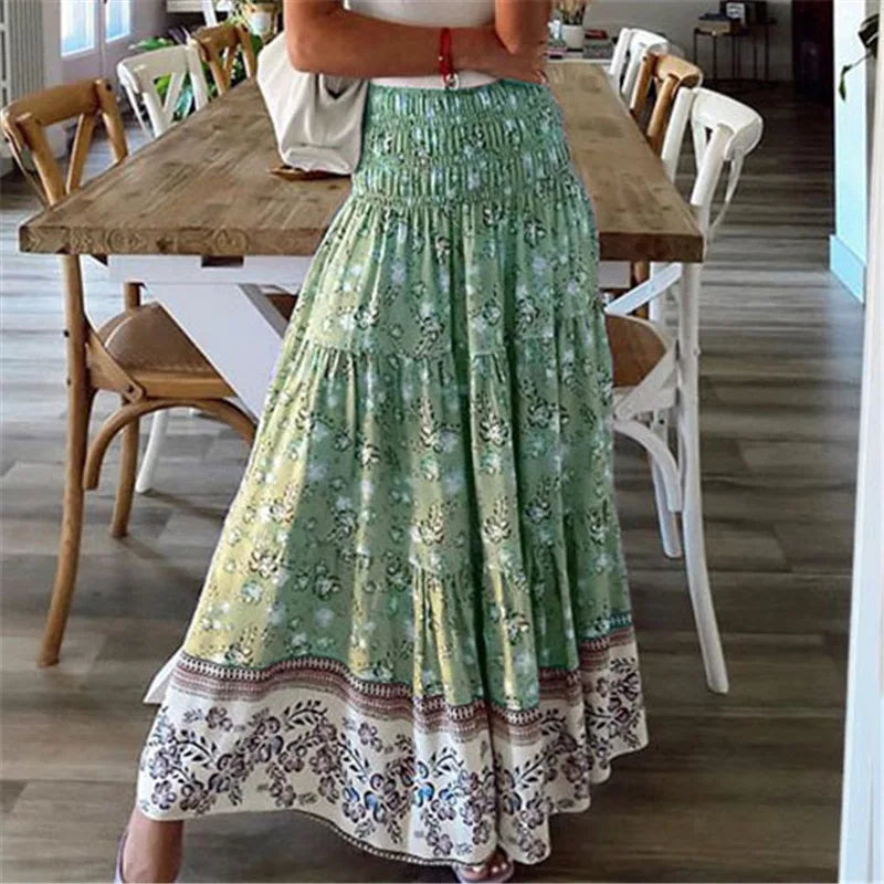 Summer New Women's Printing Skirt Elastic High Waist Pleated Boho