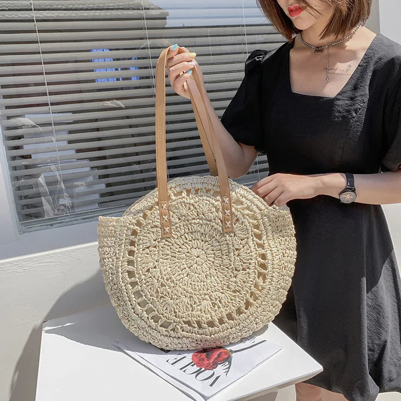 Summer Round Straw Shoulder Bag for Women