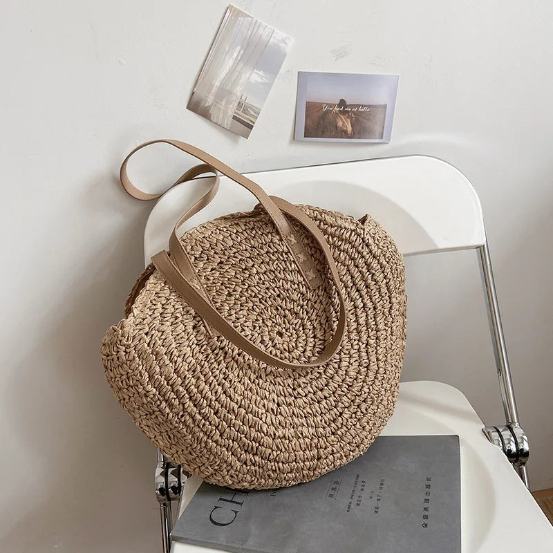 Summer Round Straw Shoulder Bag for Women