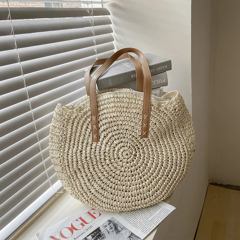 Summer Round Straw Shoulder Bag for Women
