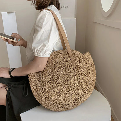 Summer Round Straw Shoulder Bag for Women