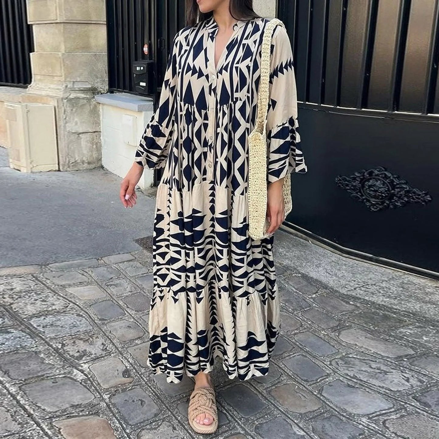 Long Sleeve Pleated Boho Dress
