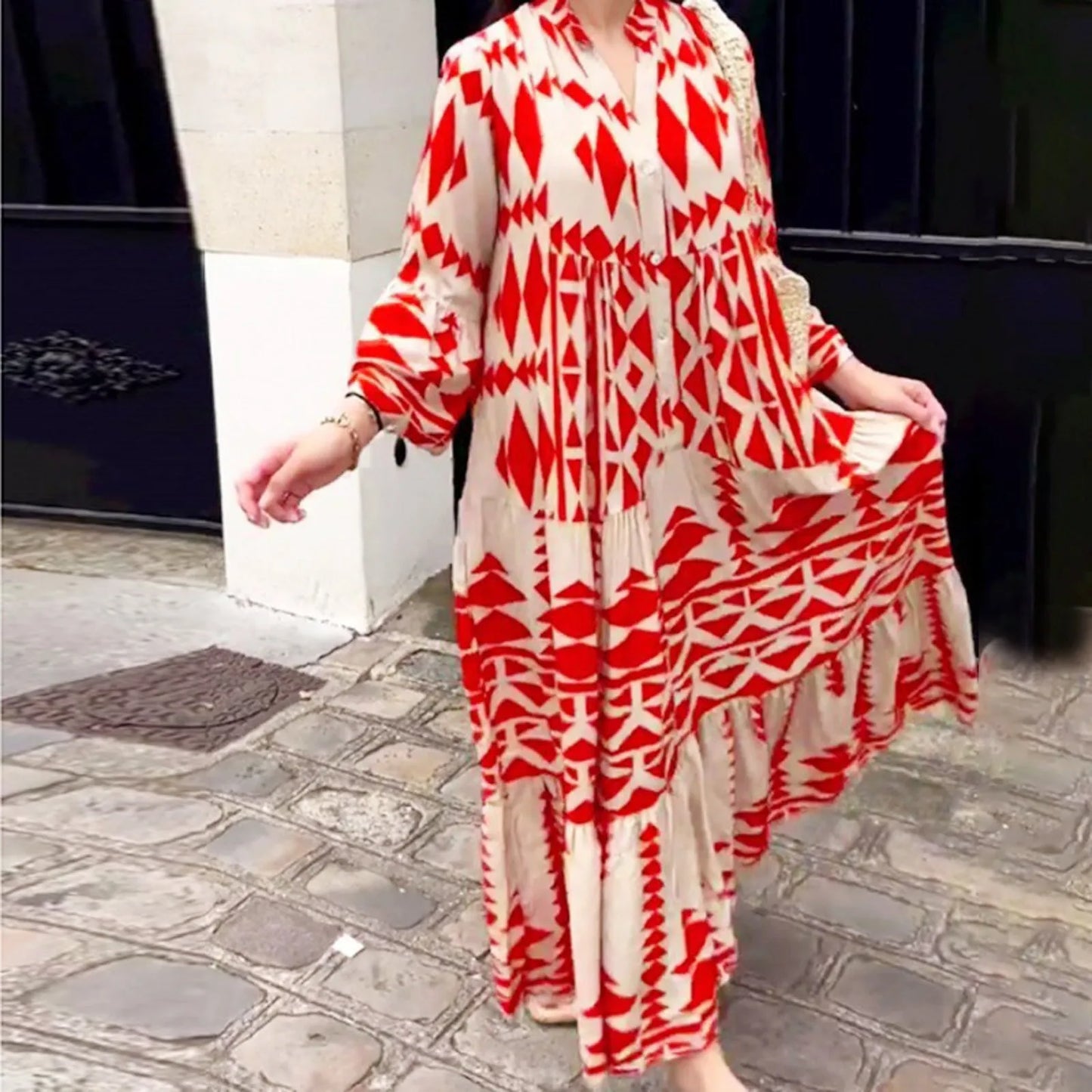 Long Sleeve Pleated Boho Dress