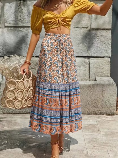 Vintage Summer Floral Print Beach Bohemian Maxi A-Line Skirt