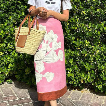 Elegant Pink Floral Printed Mid Waist Slit Midi Pencil Skirt