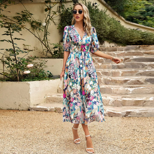Bohemian Floral A-line Midi Floral Dress