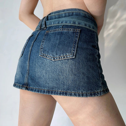 Low-Rise Distressed Blue Denim Skirt
