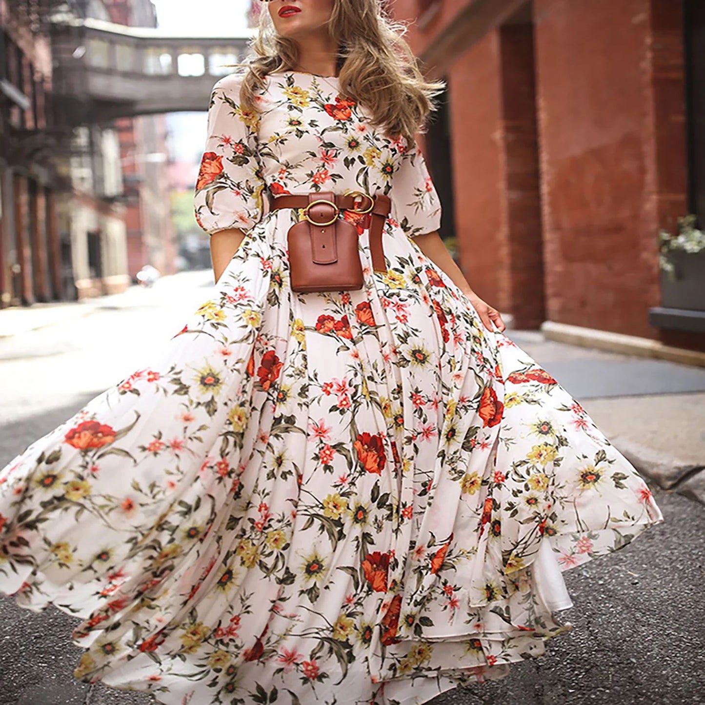 Maxi Dress Flower Print Pleated Swing Evening Dress