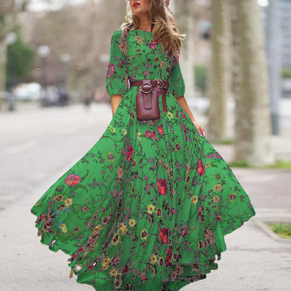 Maxi Dress Flower Print Pleated Swing Evening Dress