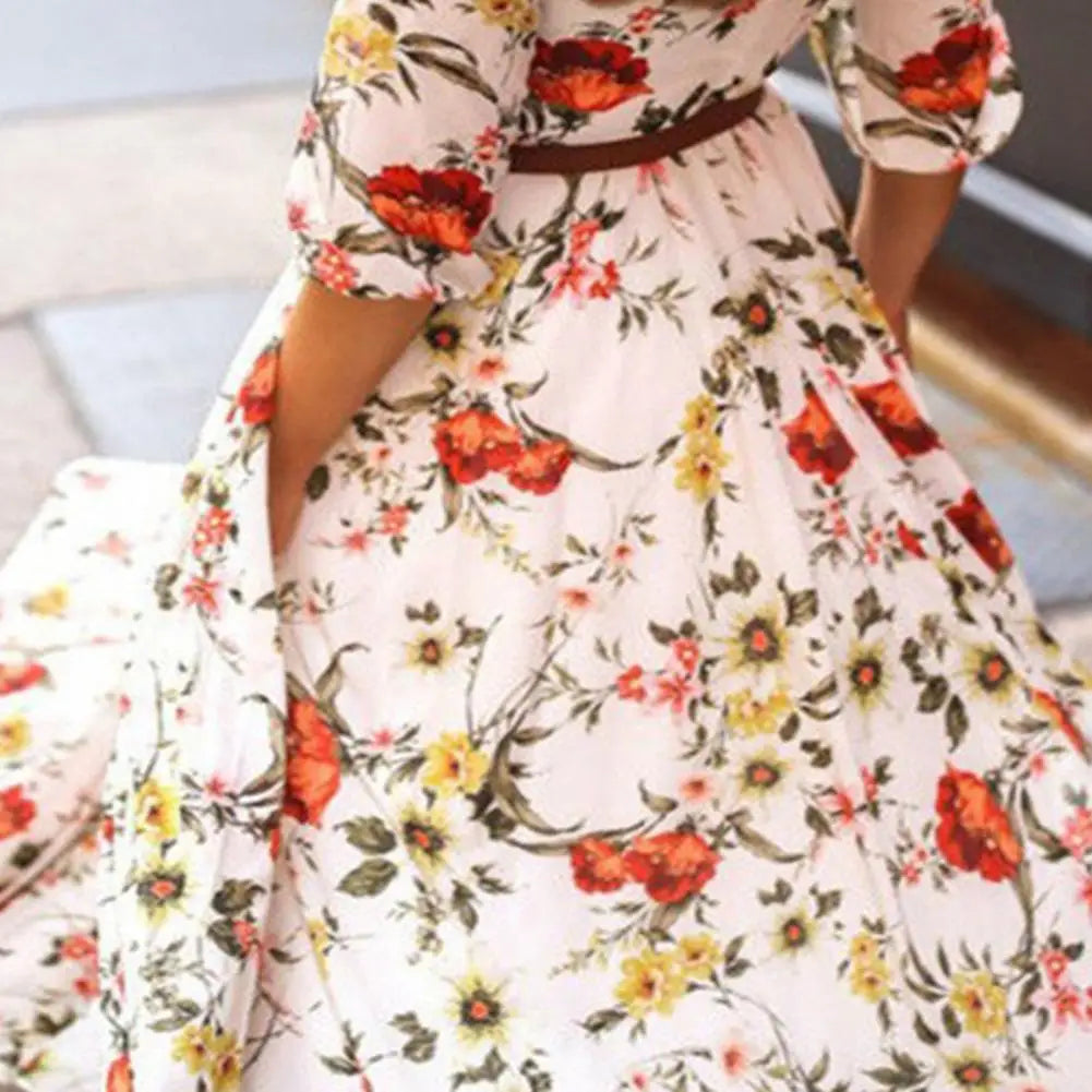 Maxi Dress Flower Print Pleated Swing Evening Dress