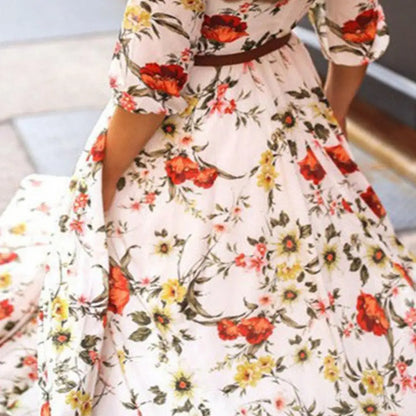 Maxi Dress Flower Print Pleated Swing Evening Dress