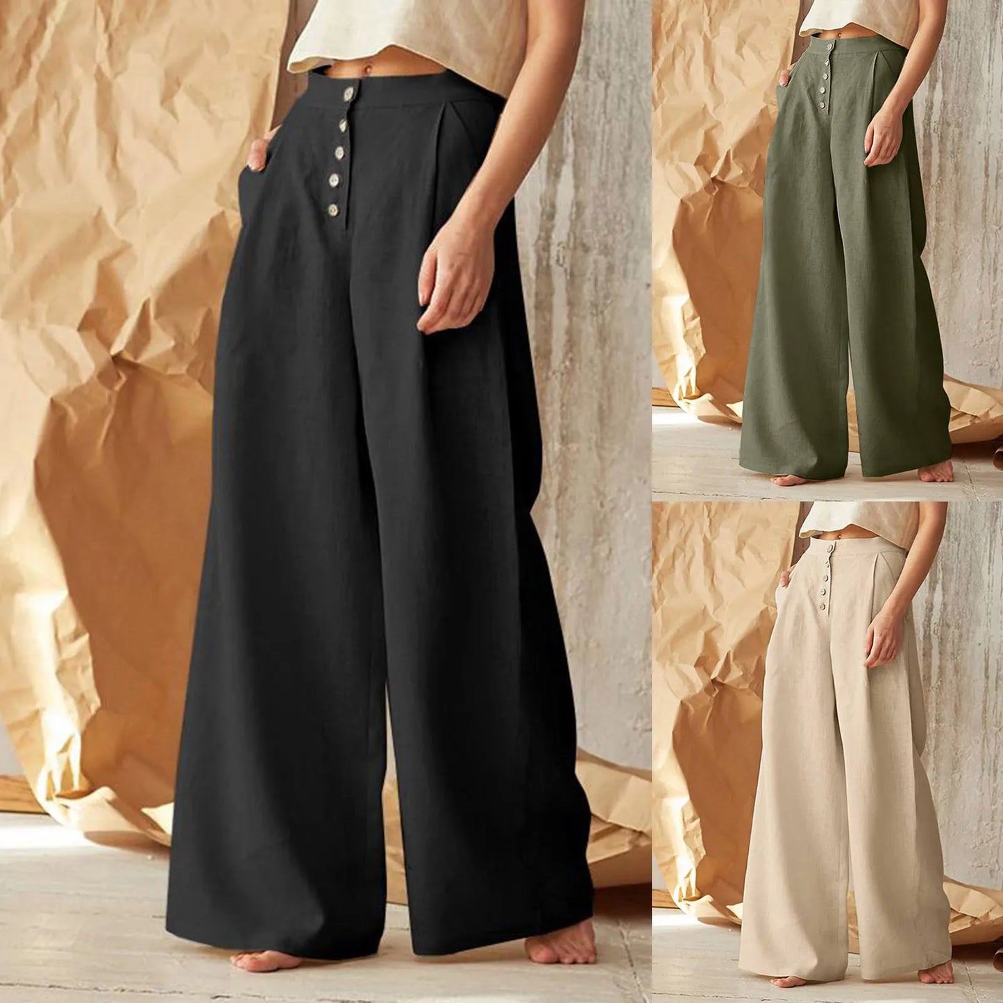 Flared Solid Color High Waist Cotton Linen Pant