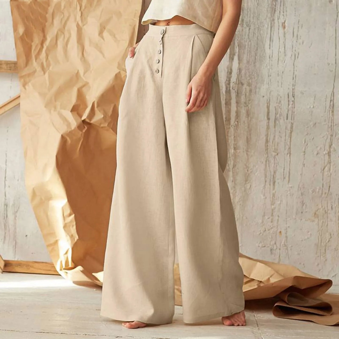 Flared Solid Color High Waist Cotton Linen Pant