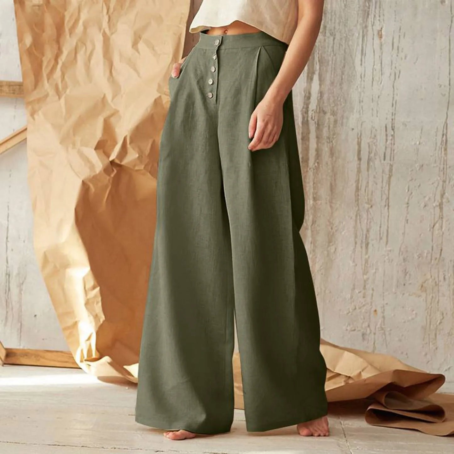 Flared Solid Color High Waist Cotton Linen Pant