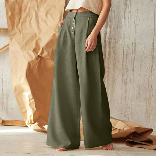 Flared Solid Color High Waist Cotton Linen Pant