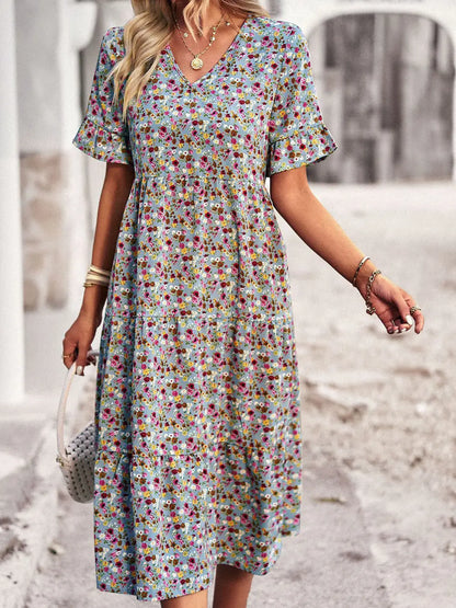 V-neck Elegant Floral Print A-line Holiday Dress