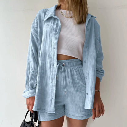 Blue Solid Drawstring Shorts Office Two Piece Set