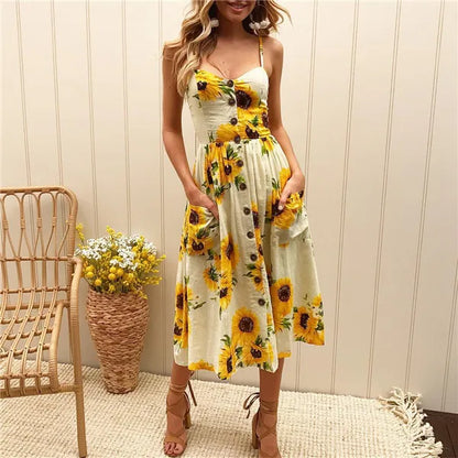 Suspender V-neck Sleeveless Floral Vacation Dress