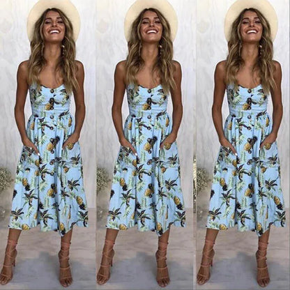 Suspender V-neck Sleeveless Floral Vacation Dress