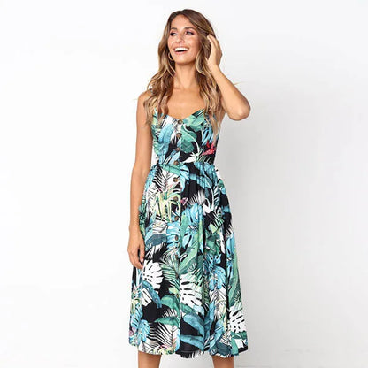 Suspender V-neck Sleeveless Floral Vacation Dress