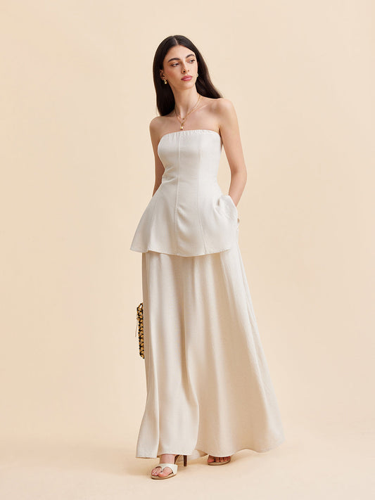 Summer Strapless Linen Blend Set for Women – Elegant Top and Flowing Skirt